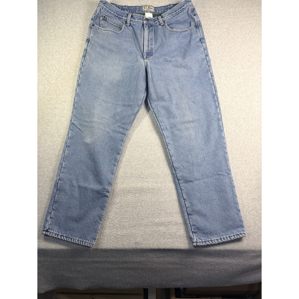 LL Bean Green Flannel Lined Jeans Men's 34x28  Faded Classic Fit Distressed Dad